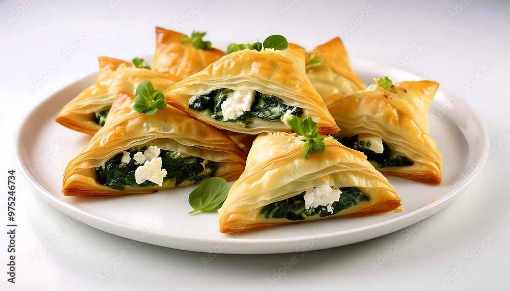 Wall mural spinach and feta phyllo triangles on white plate