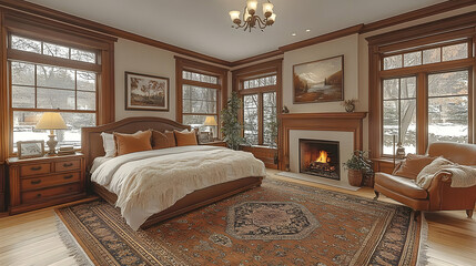 A cozy bedroom with a fireplace, a king-sized bed, and an armchair in a large, well-lit room.
