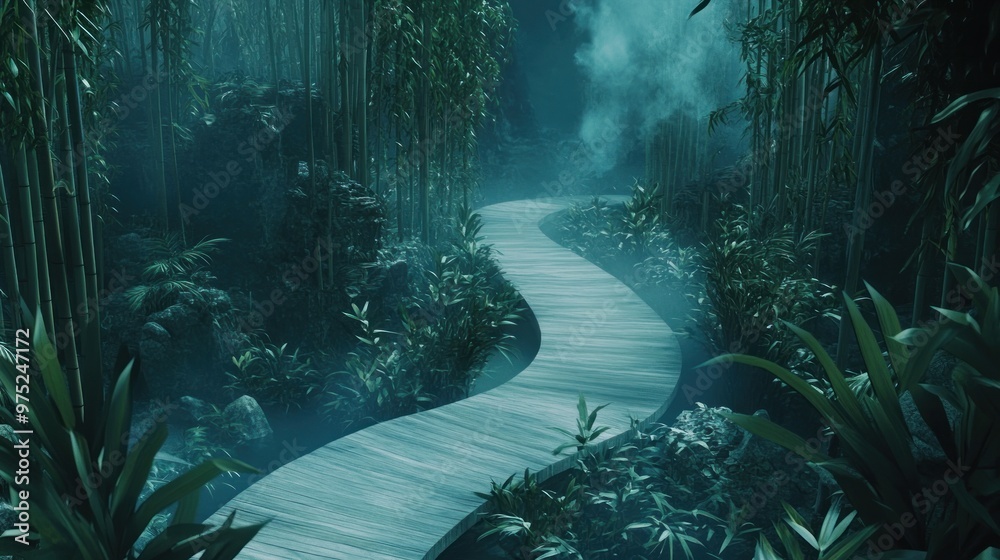 Wall mural A serene, winding pathway through a misty bamboo forest, inviting exploration and tranquility.