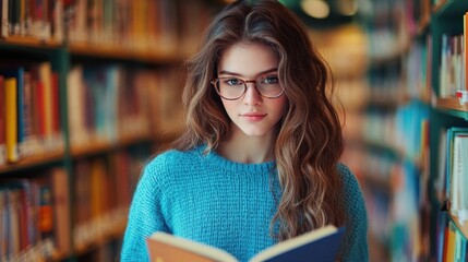 Young female customer reading a book in bookstore,Woman picking a book to reads a book while standing in a vibrant,Girl choosing what to read in bookstore,Education, studying concept