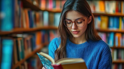 Young female customer reading a book in bookstore,Woman picking a book to reads a book while standing in a vibrant,Girl choosing what to read in bookstore,Education, studying concept