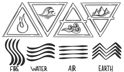 Four elements of nature power symbols hand drawn. 4 elements of nature power tattoo. Triangle border earth, water, air and fire sign vector illustration design