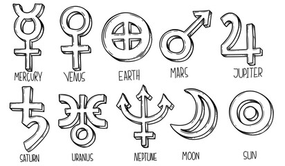 Set of hand drawn astrology and astronomy planet symbols. Flash Tattoo mystic planet symbol, isolated on white background. Scribble alchemy icons, glyphs of planets. © Irnan