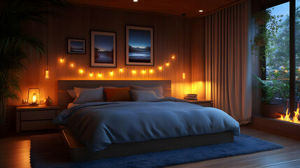 A cozy bedroom with a king-size bed, a fireplace, and a window looking out onto a balcony with plants.