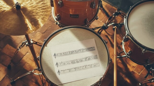 A drum set with sheet music resting on the snare drum, highlighting a musical setting.