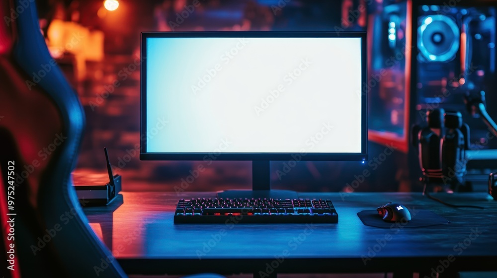 Poster A modern computer setup with a blank screen, keyboard, and mouse in a dimly lit room.