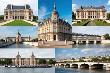 Obraz premium Discovering Paris Iconic Landmarks and Heritage Sites including Sorbonne Petit Palais and Pont Alexandre III under a Clear Sky