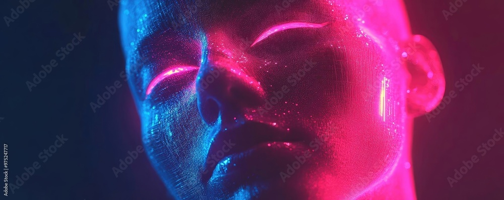 Poster a close-up view of a mannequin face illuminated with vibrant pink and blue neon lights, creating a s