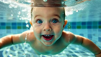 Baby swimming playfully underwater in a colorful pool during a sunny afternoon, showcasing joyful exploration and laughter