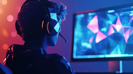 Obraz premium A young gamer immersed in a colorful, illuminated gaming environment wearing headphones and focused on the computer screen.