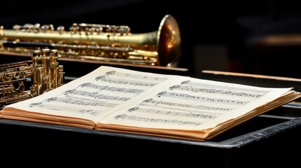 A close-up of sheet music with a saxophone in the background, highlighting musical elements.