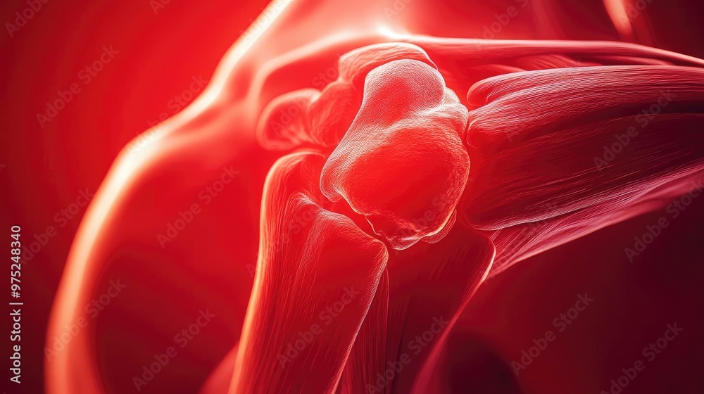 Poster detailed view of a human muscle and joint, showcasing the intricate structures and vibrant colors of