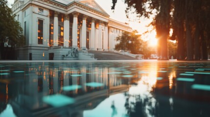 Stunning Government Building with Holographic Projections Captured at Sunset Splendor