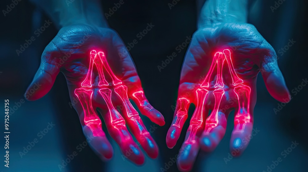 Aufkleber Futuristic hands illuminated with red light, showcasing intricate skeletal structures, symbolizing technology and anatomy.