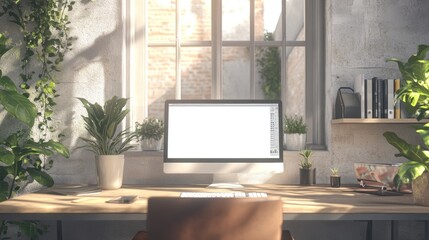 A modern workspace with a computer surrounded by plants and natural light.
