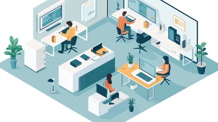 Remote work business setup in an isometric design with employees working from home offices