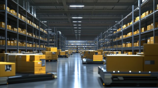 A modern warehouse with automated robots sorting and delivering packages