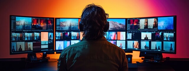 Online content moderator reviewing flagged posts, multiple screens with comments, bright office lighting