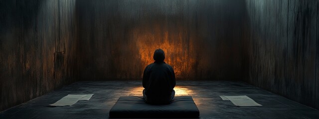 Person in a dark room with an eviction notice, empty apartment, sitting on a mattress, soft dim lighting