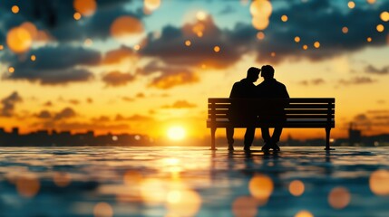 Obraz premium A couple enjoying a Valentine's Day sunset together, sitting on a bench overlooking the ocean.