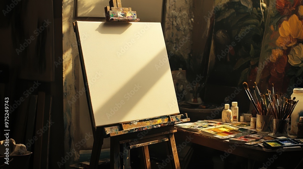 Canvas Prints A blank canvas on an easel in a well-lit artist's studio, ready for creativity.