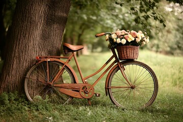 Fototapeta premium A vintage bicycle with a basket full of flowers leaning against a tree in a park.