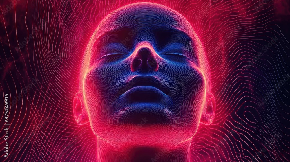 Poster A surreal representation of a human head illuminated with vibrant neon colors, creating an ethereal and futuristic vibe.