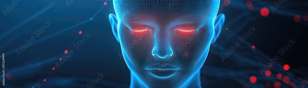 Poster futuristic digital head with glowing red eyes, representing artificial intelligence and technology i