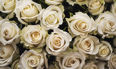 Obraz premium Overhead shot of a bouquet of white roses background. Close up