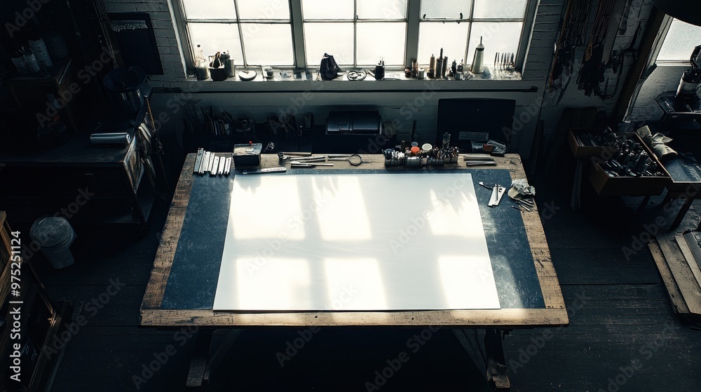 Canvas Prints A spacious workshop with a large blank canvas and various tools for creative work.