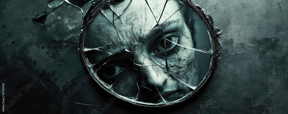 Poster a haunting reflection through a shattered mirror, revealing a mysterious face amidst dark shadows an