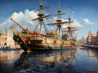 Excellent Galleon neptun in porto antico, beautiful ancient ship, replica of a 17th century