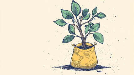 A small green plant growing in a burlap sack on a light background