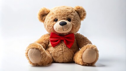 A cheerful teddy bear donning a bright red bow tie sits serenely on a crisp white background, exuding