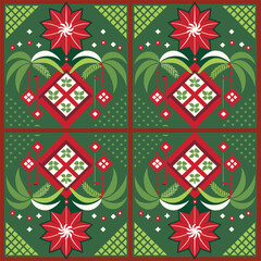 A symmetrical pattern with red flowers, green leaves, and geometric shapes, creating a vibrant and decorative design.