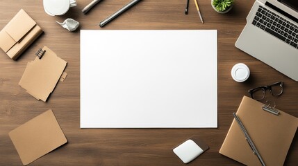 A workspace with stationery, a laptop, and a blank canvas for creative projects.