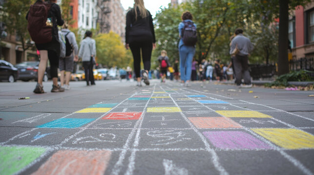 Chalk map on sidewalk illustrating public interaction, with people walking by. vibrant colors and playful design invite engagement and creativity in an urban setting
