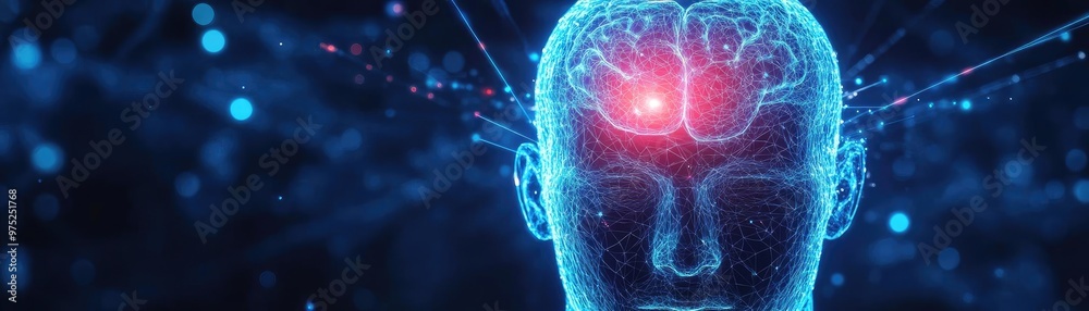 Poster a digital representation of a human head with a glowing brain, symbolizing neural activity and advan