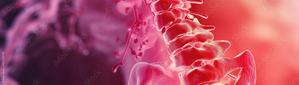 Poster detailed visualization of a human spine, showcasing intricate vertebrae structure against a vibrant 