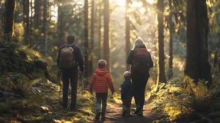 Fototapeta premium family hiking through a dense forest, stopping to admire the view, with sunlight filtering through the trees