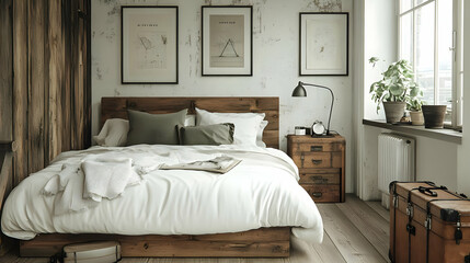 A cozy bedroom with a wooden bed, white bedding, and a vintage suitcase.  There is a potted plant on the windowsill, and a lamp on a nightstand.