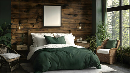 A cozy bedroom with a wooden wall, a large window, a bed with white linens, a green duvet, and a chair.