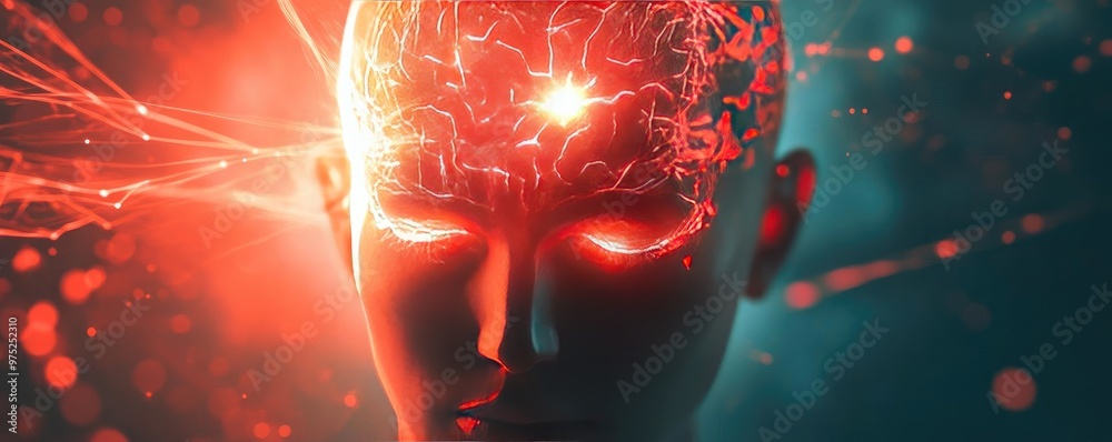 Poster A futuristic representation of a human head with glowing energy patterns, symbolizing intellect, creativity, and advancement.