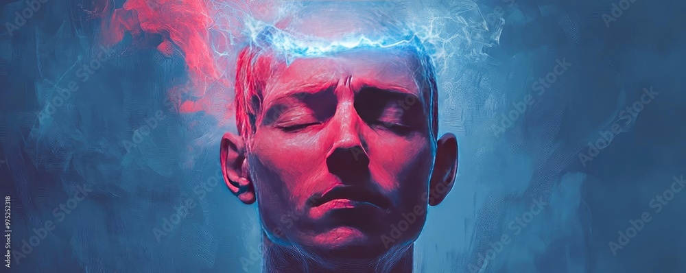 Poster A conceptual image representing creativity and thought, featuring a head with vibrant, glowing energy emanating from it.
