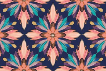 Vibrant Kaleidoscope Design with Peach Violet Aqua and Gold on Deep Indigo Background