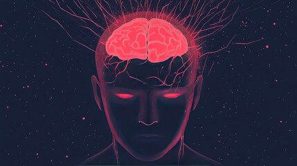 A surreal representation of a human head with a glowing brain, symbolizing intelligence, creativity, and mental energy.