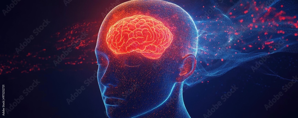 Poster a glowing human brain graphic, representing creativity and cognition with luminous energy fields sur