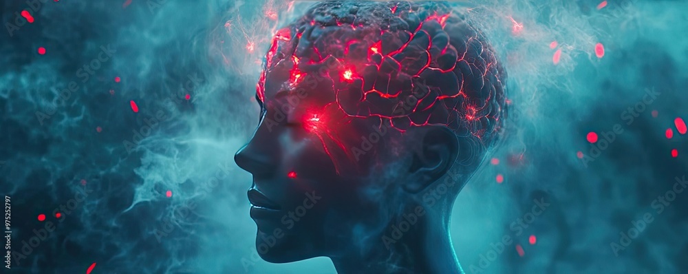 Poster a futuristic depiction of a human brain with glowing neural connections, symbolizing advanced techno