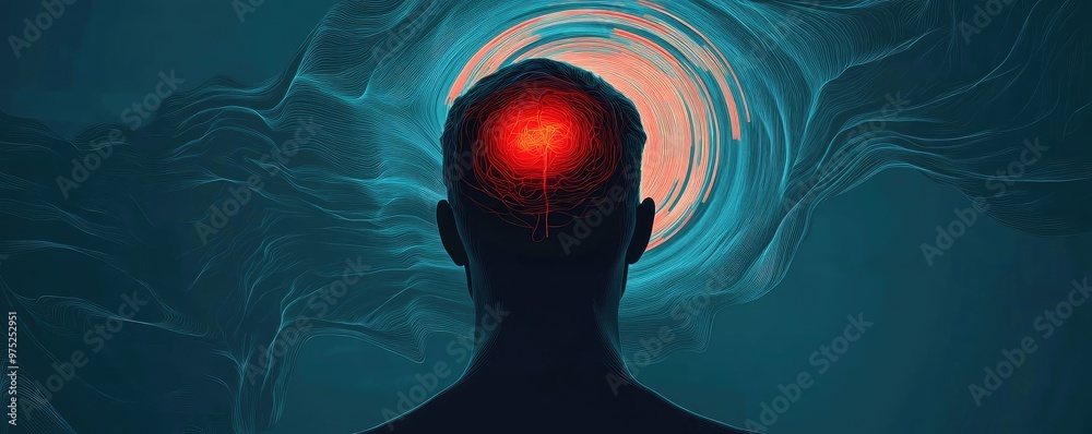 Poster an abstract representation of a person with a glowing red focus in the mind, exploring themes of con
