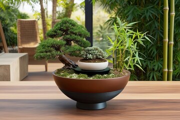 3D Configuration of Modern Plants in a Crafted Pot: Guiana Chestnut, Bonsai, Ficus Alii, and Bamboo in a Gorgeous Natural Setting